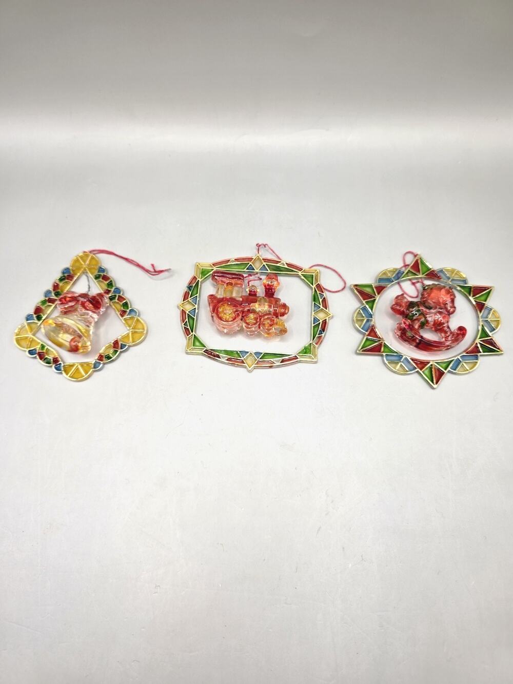 Vintage Christmas Faux Stained Glass Suncatcher Ornaments Lot of 3 Train Bell...